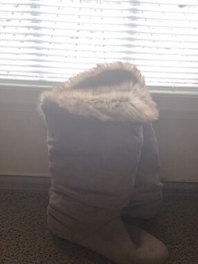 Report Taupe Suede Slouchy Fur-Trim Mid-Calf Boots